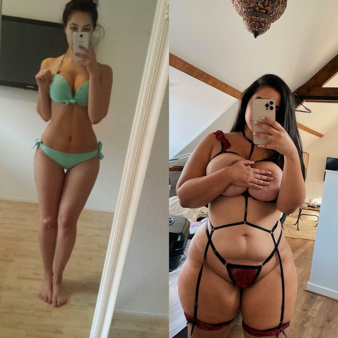 Me at my thinnest vs me now. Do you like how I got thiccccer? in Thick & Pawg