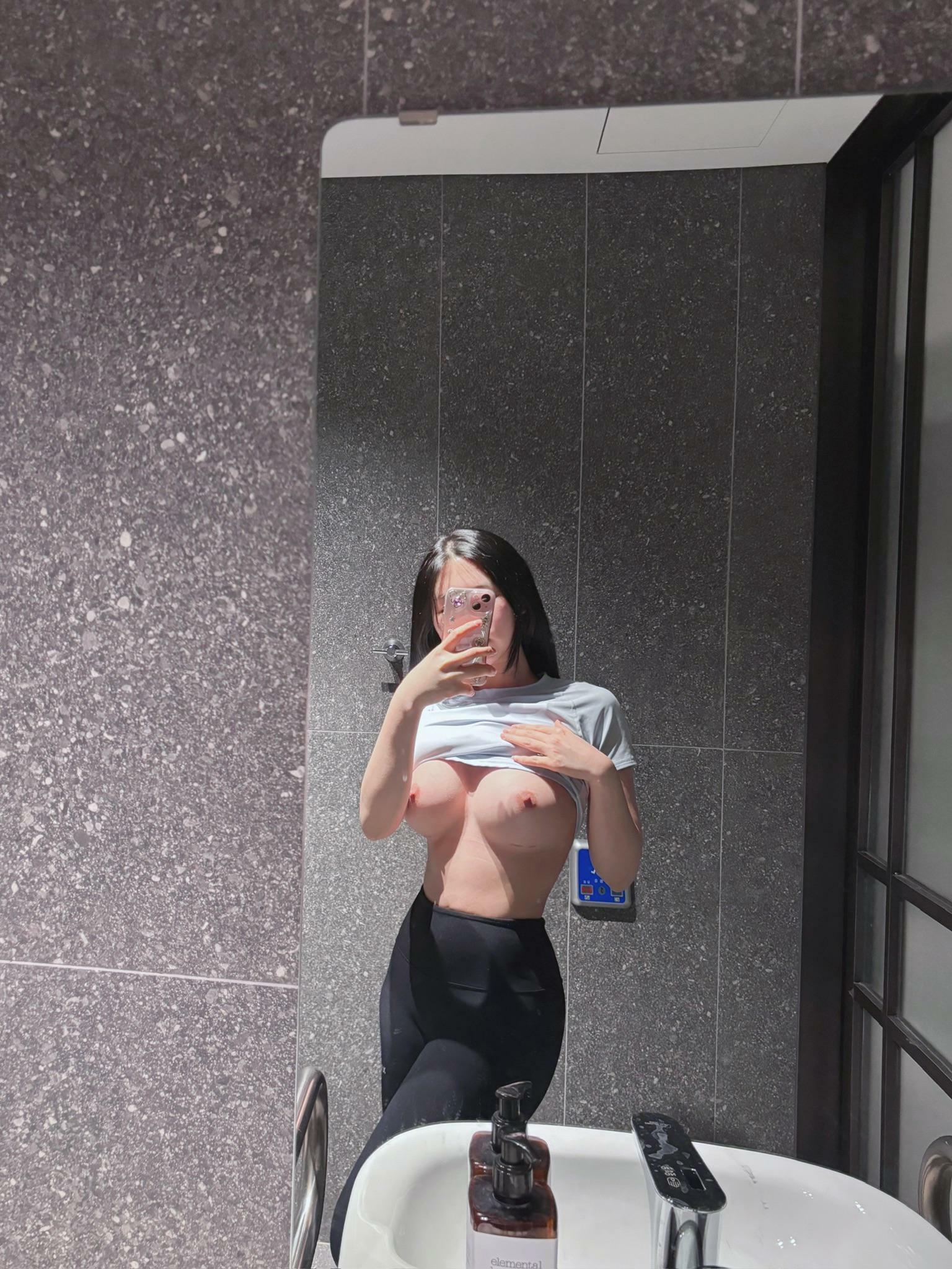 Playing with my tits in workplace restroom?
