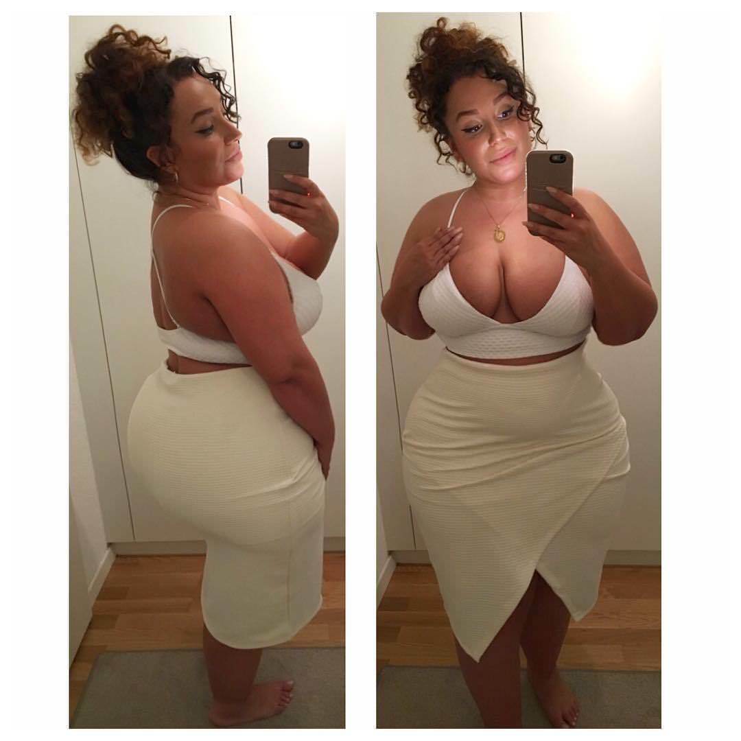 Great outfit for showing off her cleavage and big booty (x-post from r/BBWfashion)