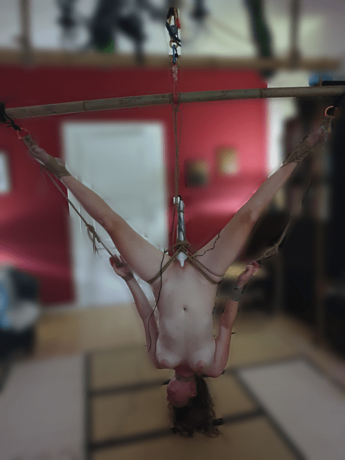 Tied upside down, enjoying two vibrators and having a tight neck rope