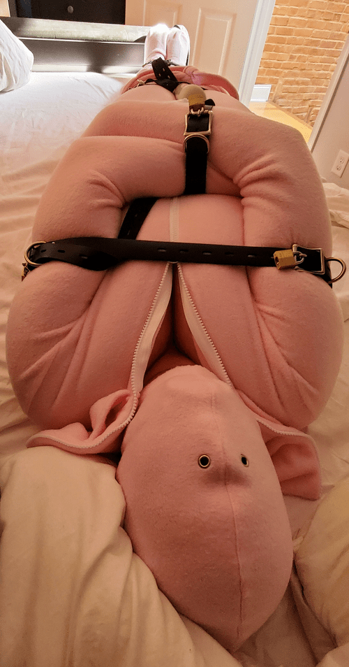 GF snug and cozy in her strait jacket onesie