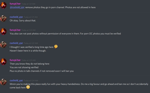 Am I really out of line, or is the moderation on the r/Cuckold discord server a little..overzealous?